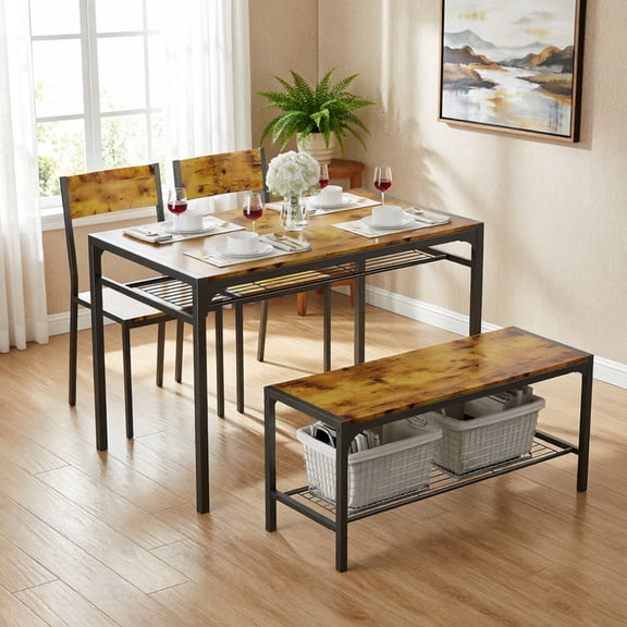 Aiho 4 Piece Dining Table with 2 Chairs and Bench for Kitchen, Small Space, Retro