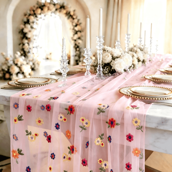 Flower Table Runner Daisy Floral Embroidery Tulle Cheesecloth Gauze Style Pink 10FT Wedding Home Birthday Party Decor