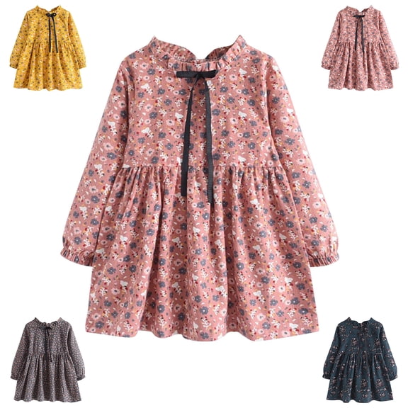 QSXADF Girls Long Sleeve Dress Toddler Casual Dress Floral Print Ruched Waist Long Sleeve Crew Neck Daily Wear Fashion Girl's Dresses Toddler Girls Outfits