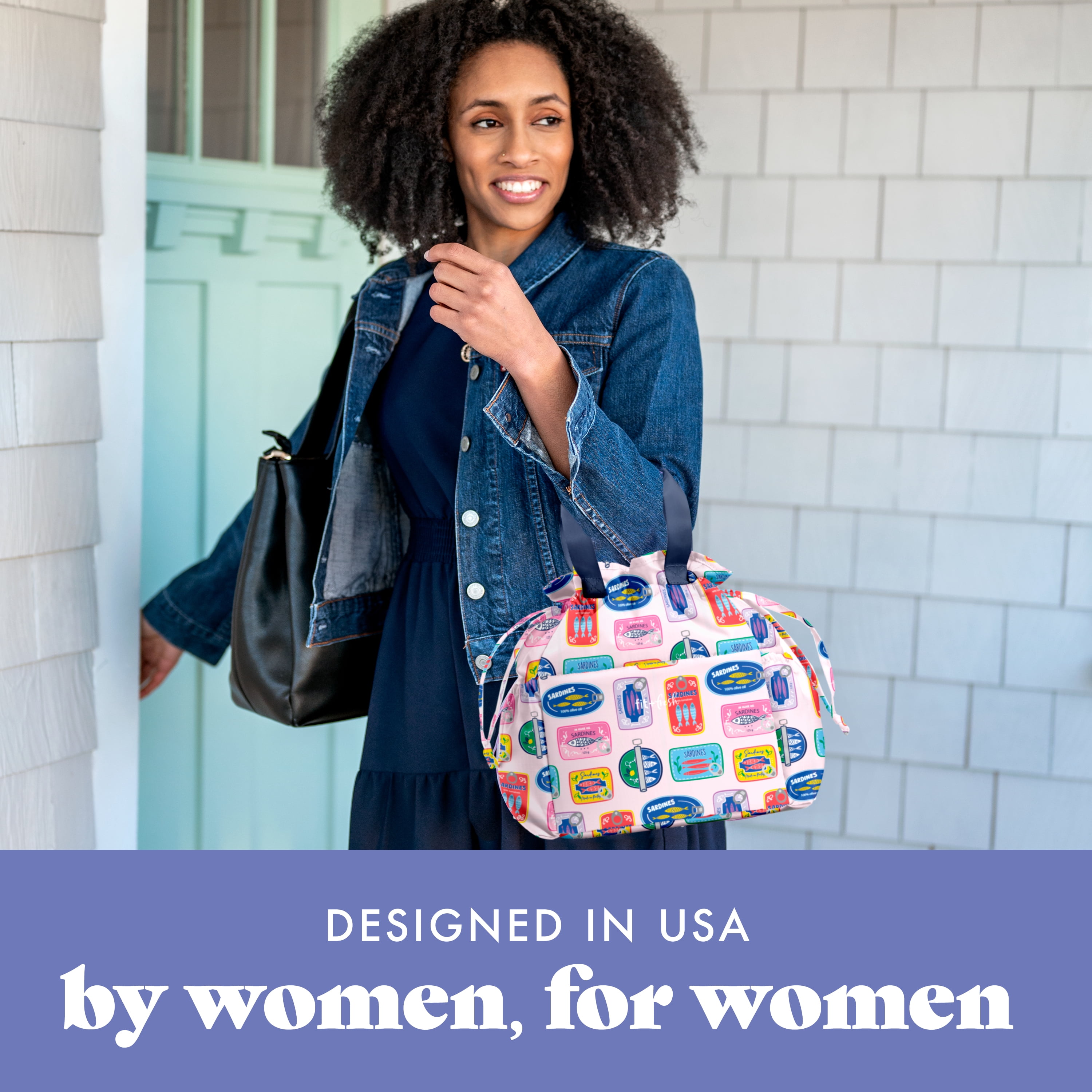 Fit + Fresh Cromwell Women's Lunch Bag, Cinch Closure Lunch Box With Containers, Assorted Sardine Cans