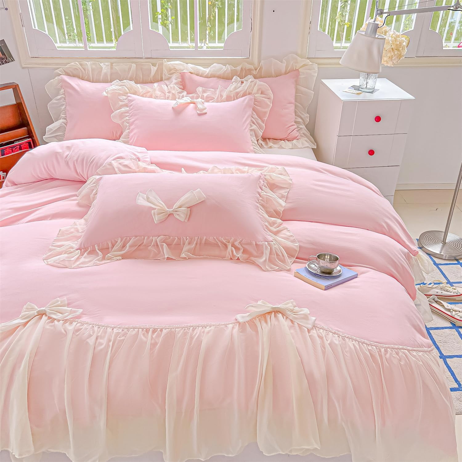 MOOWOO Ruffled Bedding Bow Duvet Cover Set with Butterfly Tie, Soft Brushed Microfiber Shabby Chic Bedding Set with Zipper Closure