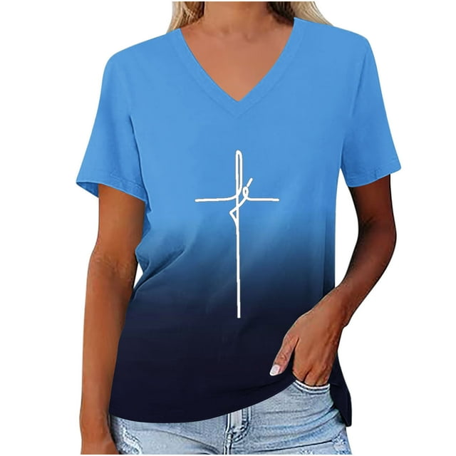 T-shirt de Sport d'Été à Manches Courtes et Col en V pour Femmes avec Imprimé de Pâques