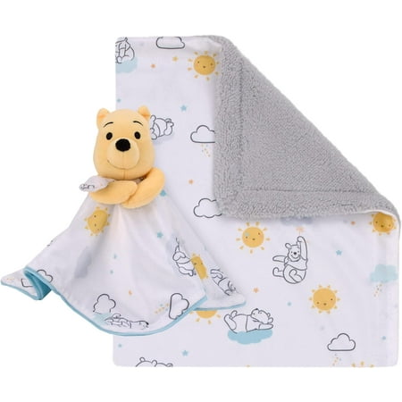 UPC: 0085214138336 | Disney Winnie The Pooh White Yellow and Aqua Sunshine and Clouds Super Soft Sherpa Baby Blanket and Security Blanket 2-Piece Set White Yellow Aqua Winnie the Pooh
