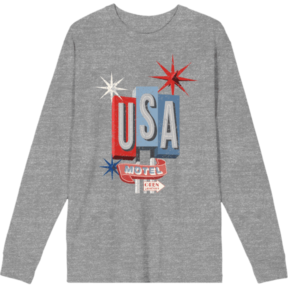 Americana Vintage Motel Sign Heather Gray Adult Crew Neck Long Sleeve Tee-Medium