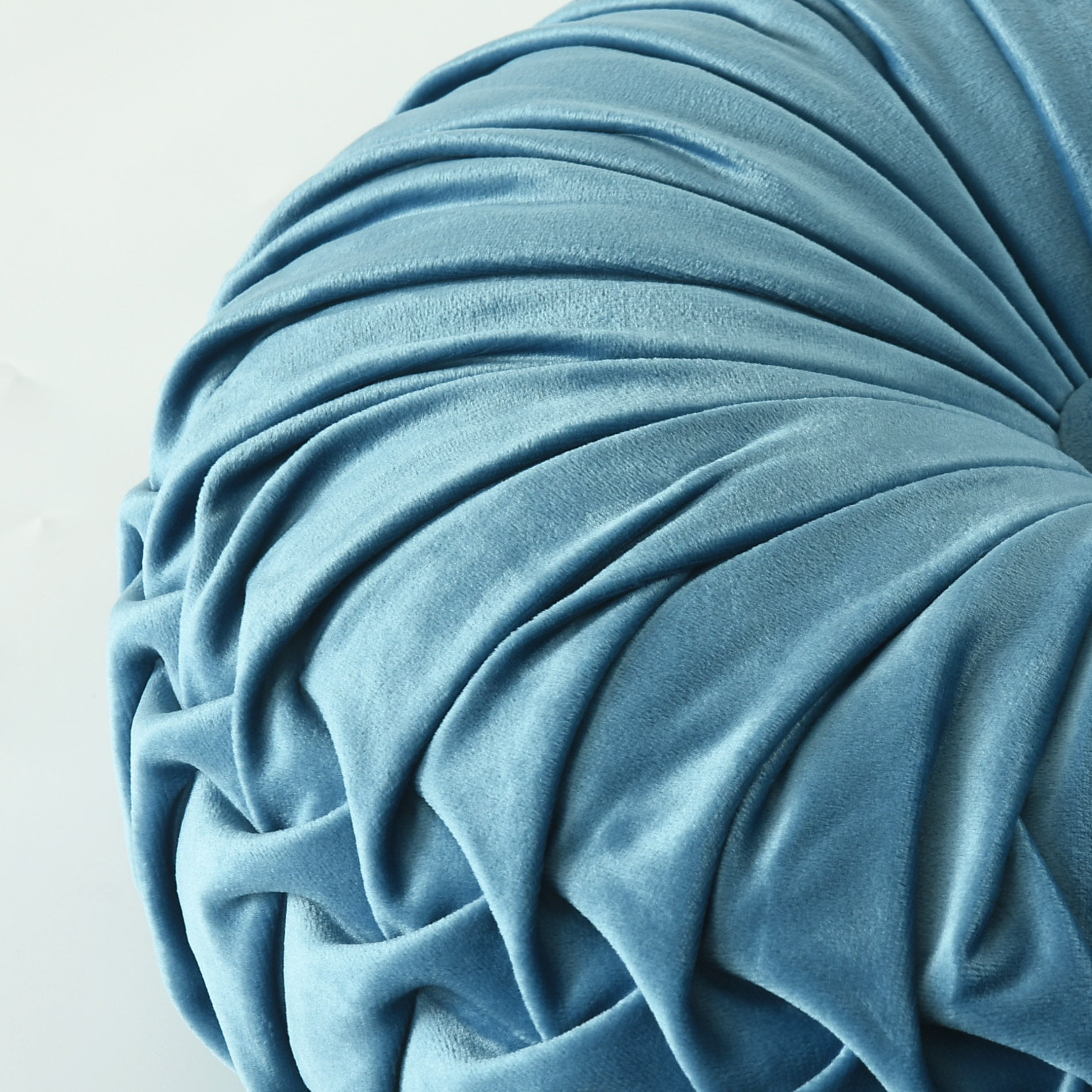 HIG Set of 2 Pumpkin Pleated Round Throw Pillows, Soft Velvet, Dusty Blue, 14.5" Diameter
