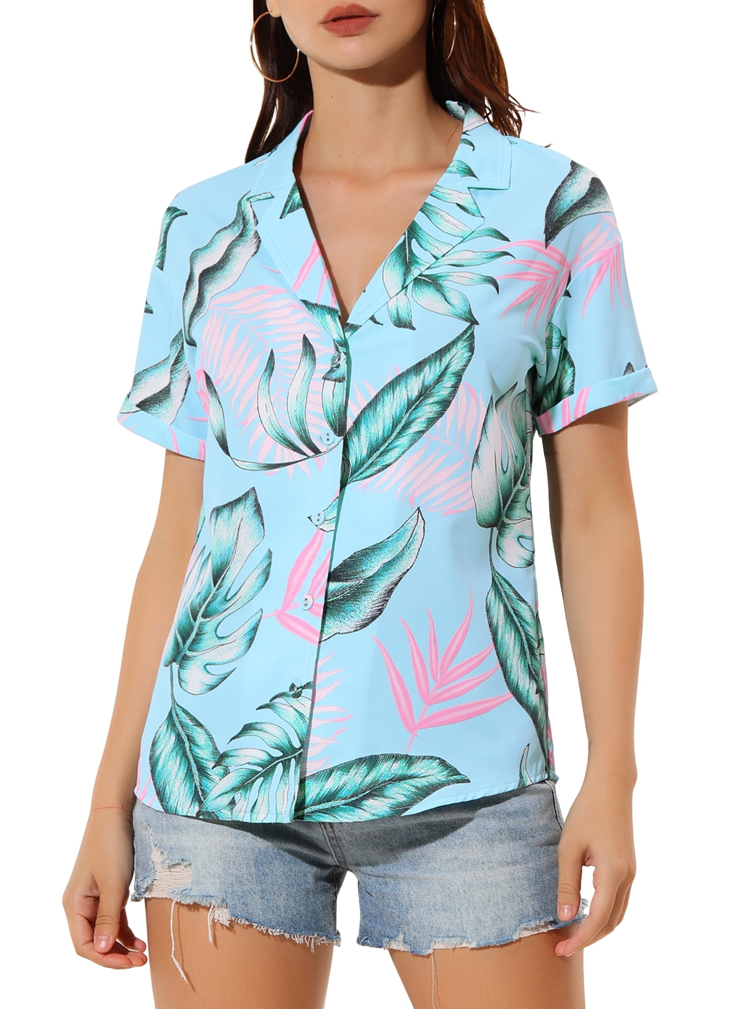 DARING DIVA Floral Leaves Print Short Sleeve Beach Top XS Blue Pink