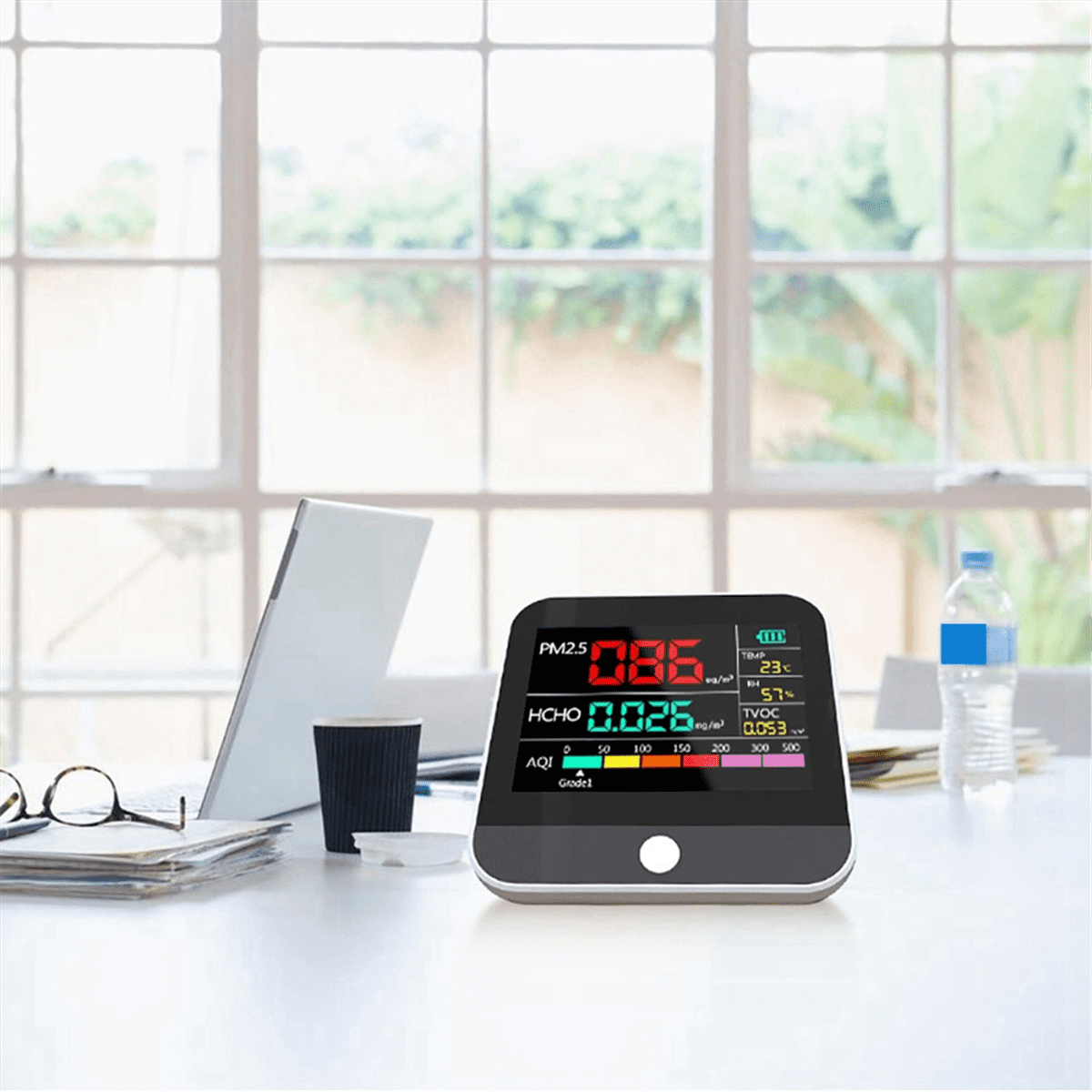 Eight in One Indoor Air Quality Monitor PM2.5/PM1 /PM10 Monitor Temperature Formaldehyde TVOC Air Quality Tester,1 x Air Quality Monitor 1 x USB charging cable 1 x English manual,white black