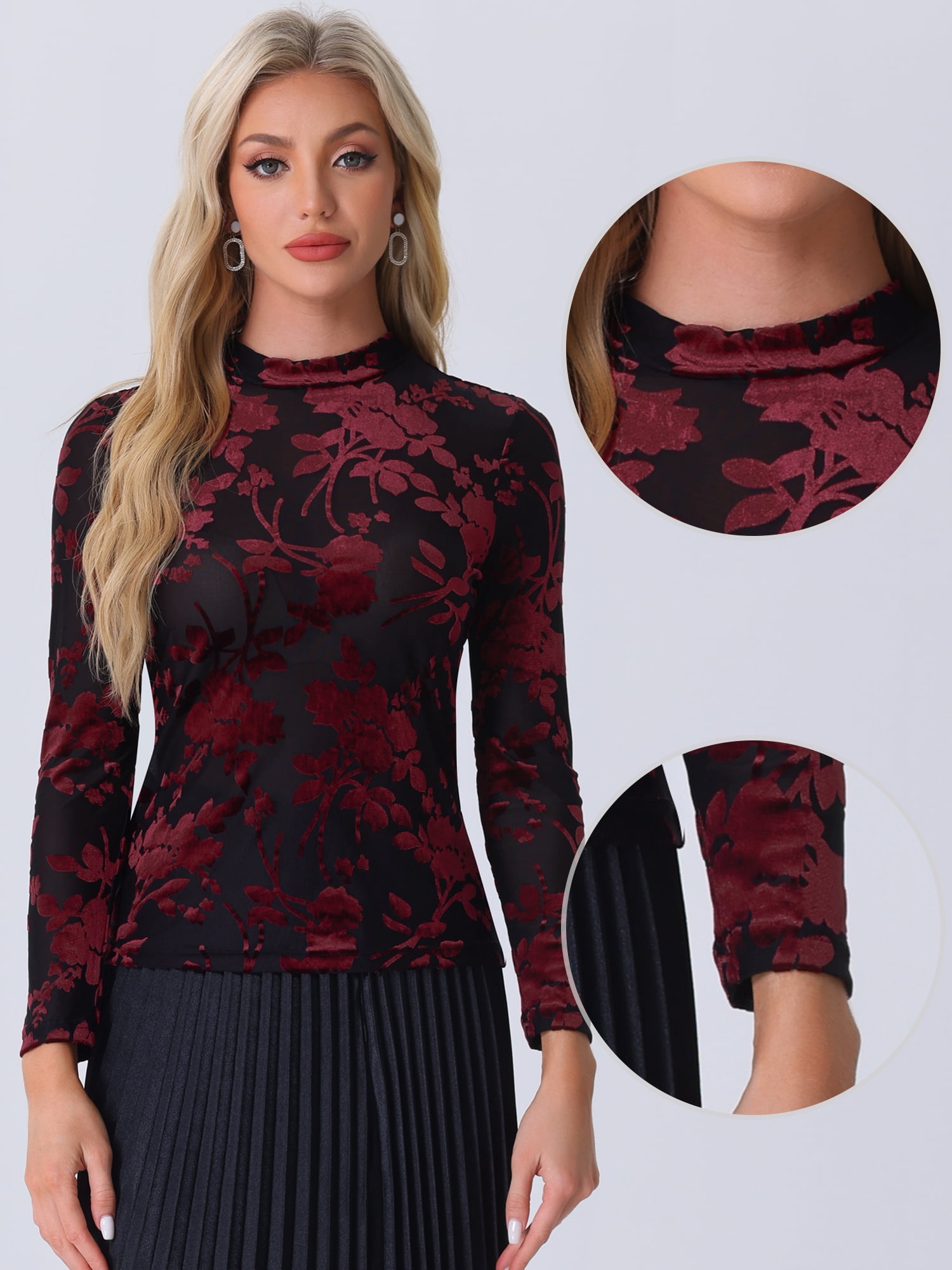 DARING DIVA Women's See Through Mesh Mock Neck Velvet Floral Tee Shirts XL Black Red