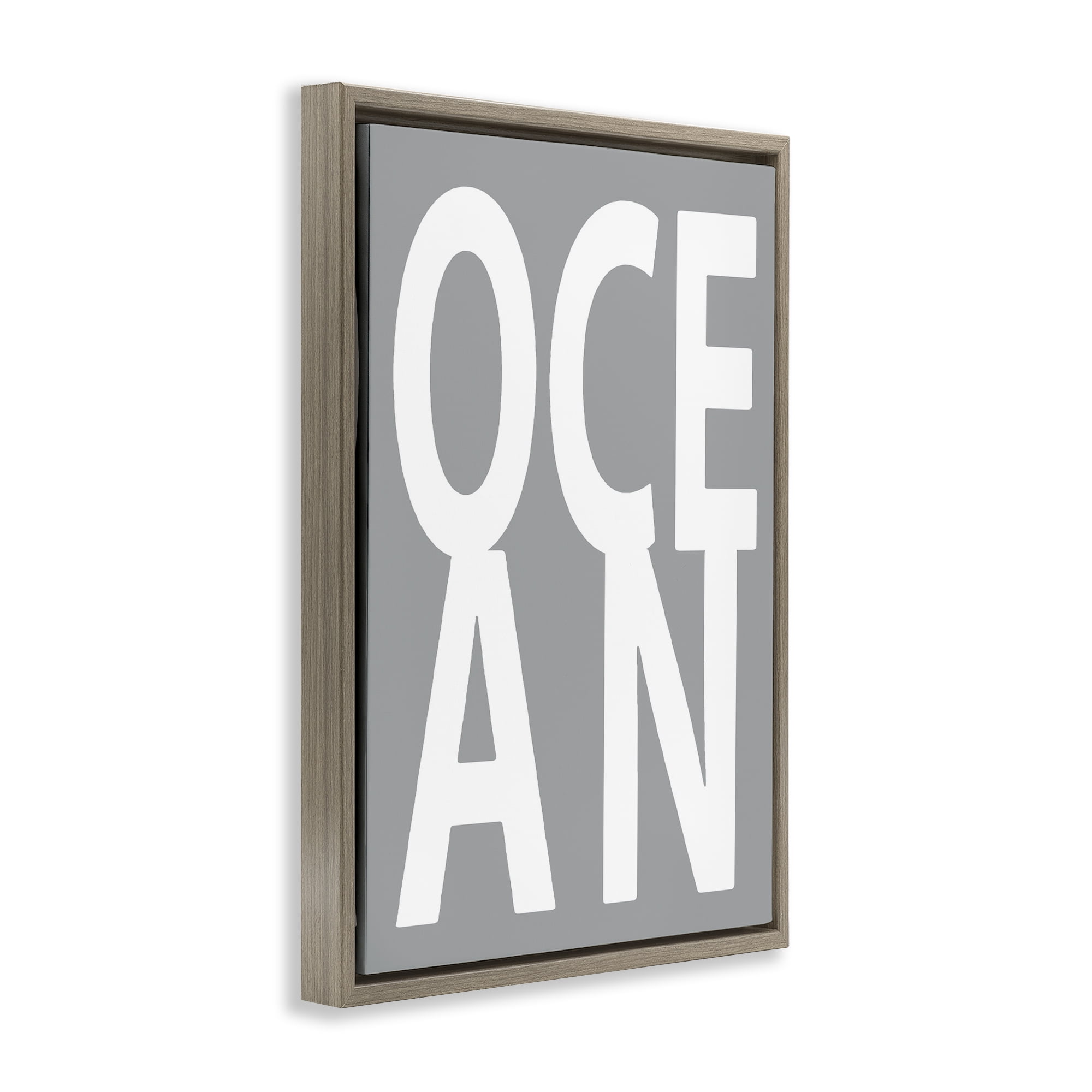 Stupell Industries Ocean Word on Grey Typography Painting Brown Floater Framed Art Print Wall Art, 17 x 25