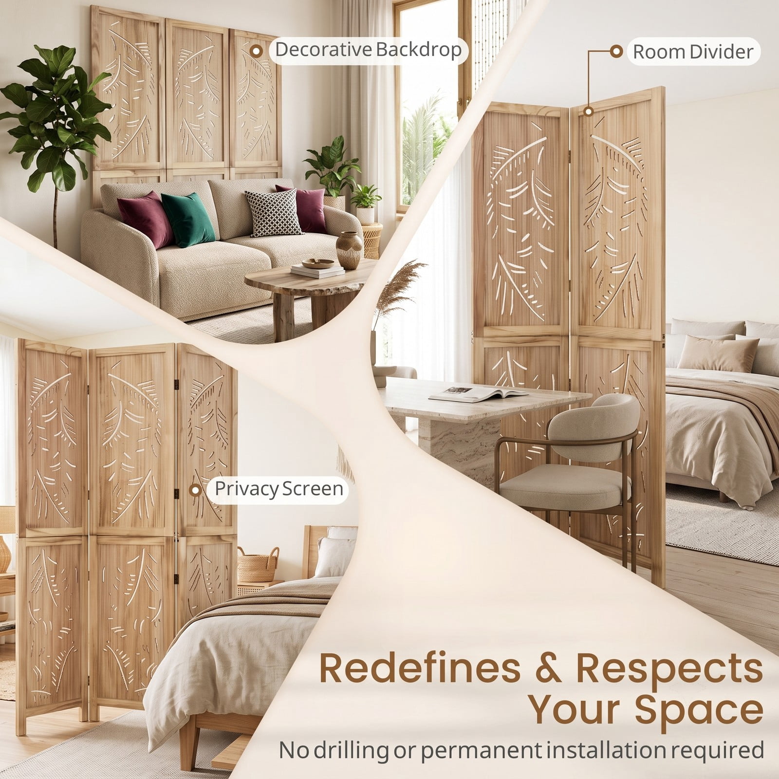 ALPULON 3-Panel Wooden Room Divider Freestanding Folding Privacy Screen with Palm Leaf Design and Paulownia Wood Frame for Living Room Bedroom Office, Natural