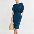 thumbnail image 4 of Women Solid Cowl Neck Dolman Short Sleeve Bodycon Midi Dress, High Waist Slimming Knee-Length Pencil Dress, Elegant Stretch formal office Party Wear Dresses Dark Blue XXL(XXL), 4 of 5