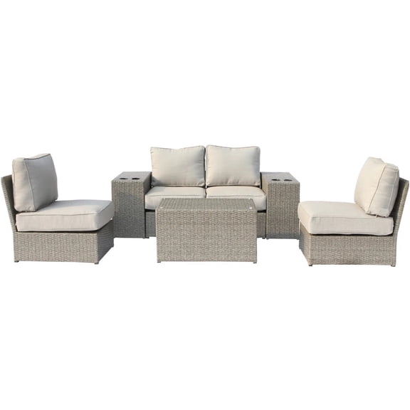 JERFIT 7-Piece Outdoor Patio Sectional Sofa Set with Table, Mixed Gray All-Weather Wicker Furniture for 4, Pre-Assembled with Thick Cushions