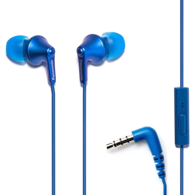 panasonic ergofit auriculares con cable, auriculares intrauditivos con micrófono y controlador de llamadas, auriculares ergonómicos de ajuste personalizado (s/m/l), conector de 3,5 mm para teléfonos - azul metálico auriculares intrauditivos en vista 3/4 frontal; dos cápsulas metálicas azul con puntas de silicón azul (juego S/M/L incluido), cable azul, control remoto en línea rectangular con botón y micrófono integrado visible y conector en ángulo de 3.5 mm sobre fondo blanco. También se usan con frecuencia para ejercicio y llamadas manos libres.