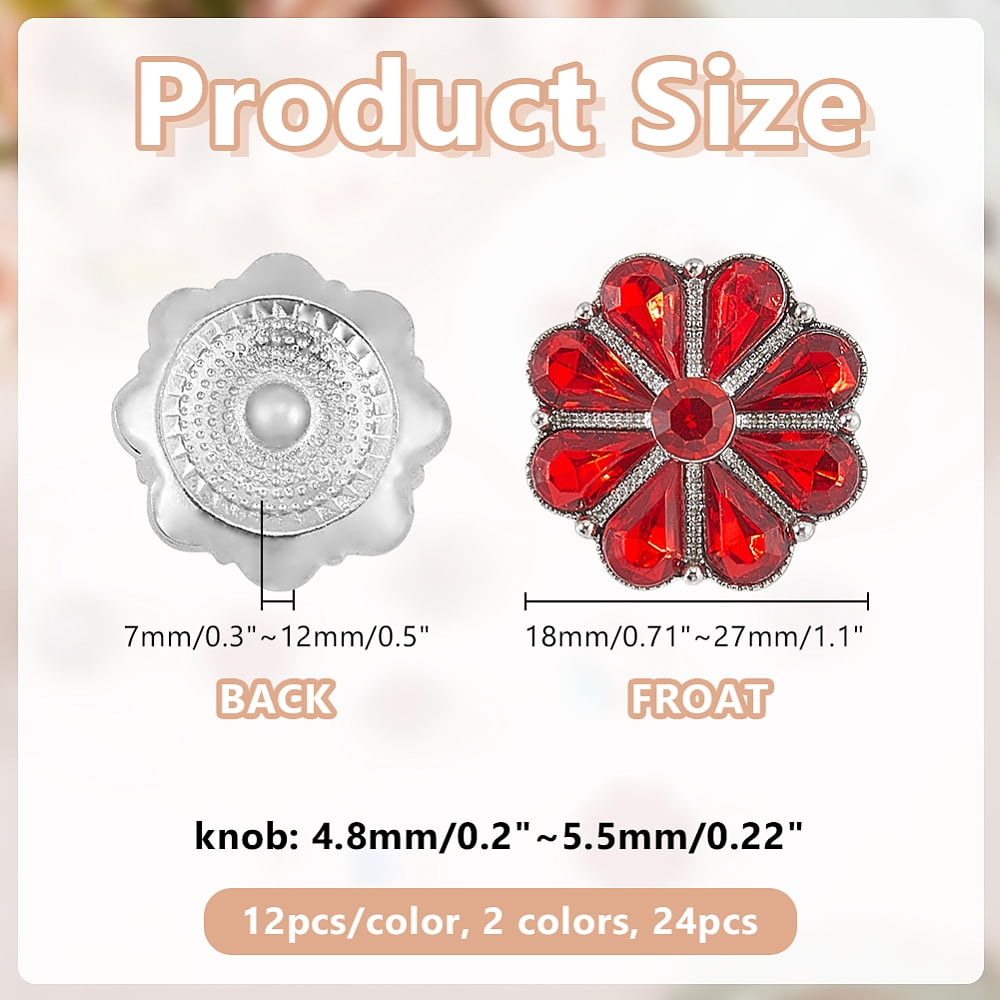 24Pcs 2 Colors Alloy Rhinestone Snap Buttons Heart Platinum Mixed Color 18~27x18~27x7~12mm 12pcs/color