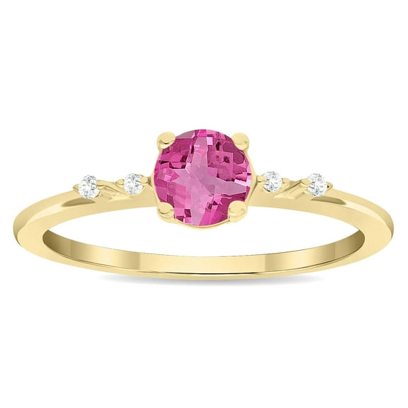 SZUL Women's Round Shaped Pink Topaz and Diamond Sparkle Ring in 10K Yellow Gold