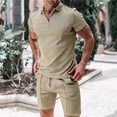 thumbnail image 2 of 2 Piece Short Sleeve Tracksuits for Men Quarter Zip Lapel V Neck Slim Fit Shirts with Drawstring Shorts Workout Jogging Casual Sets Khaki,2XL, 2 of 6