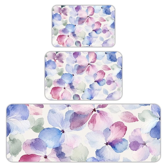 RKSupls Kitchen Rug Set 3 Piece Anti-Slip Flannel Floor Mats, Watercolor Hydrangea Pattern Washable Absorbent Runner Mats for Kitchen Bathroom Home Decor