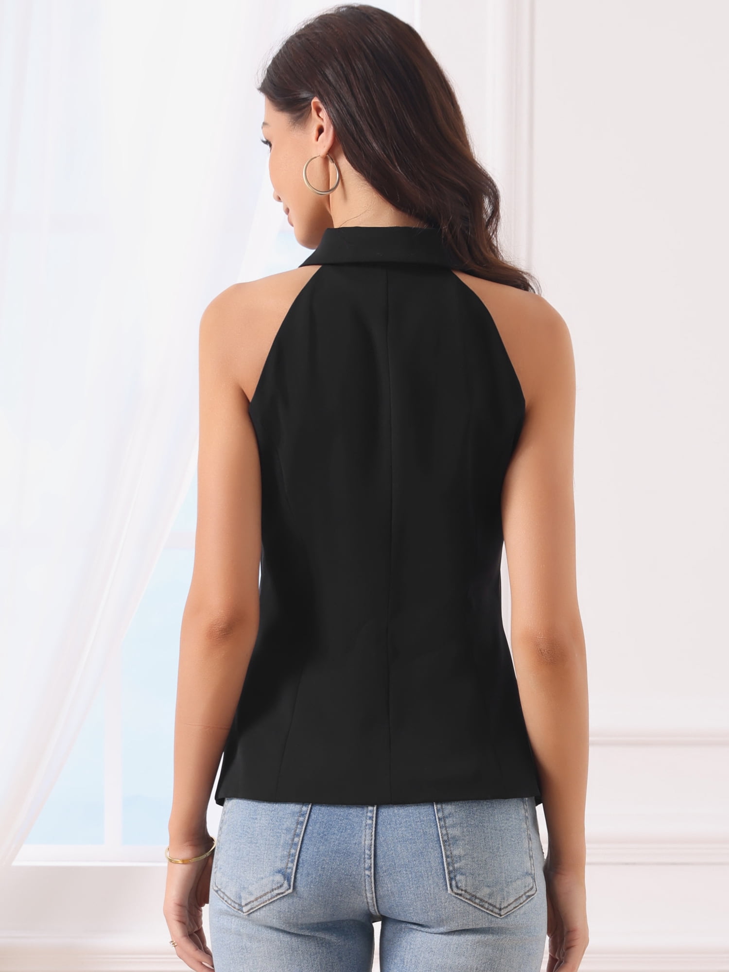 DARING DIVA Women's Halter Neck Collared Button Up Suit Vest Top S Black