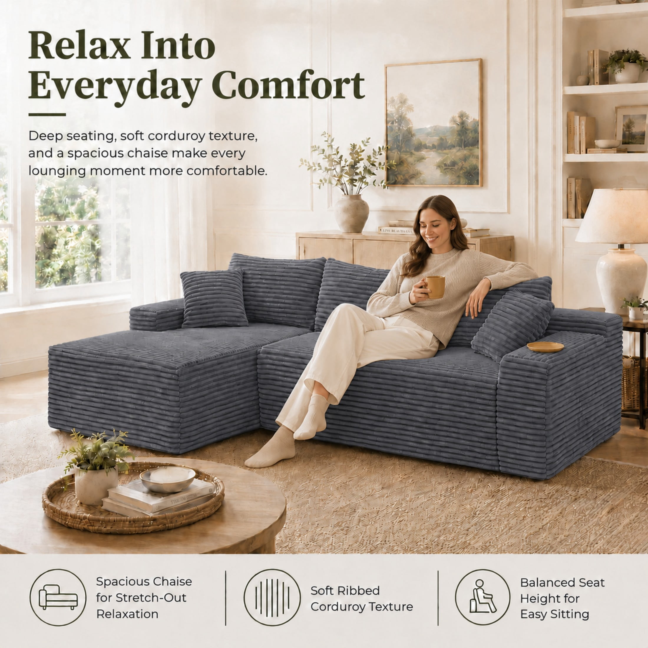 Aenkyo 106 Inch Corduroy L-Shaped Cloud Sectional Sofa with Reversible Chaise, Gray
