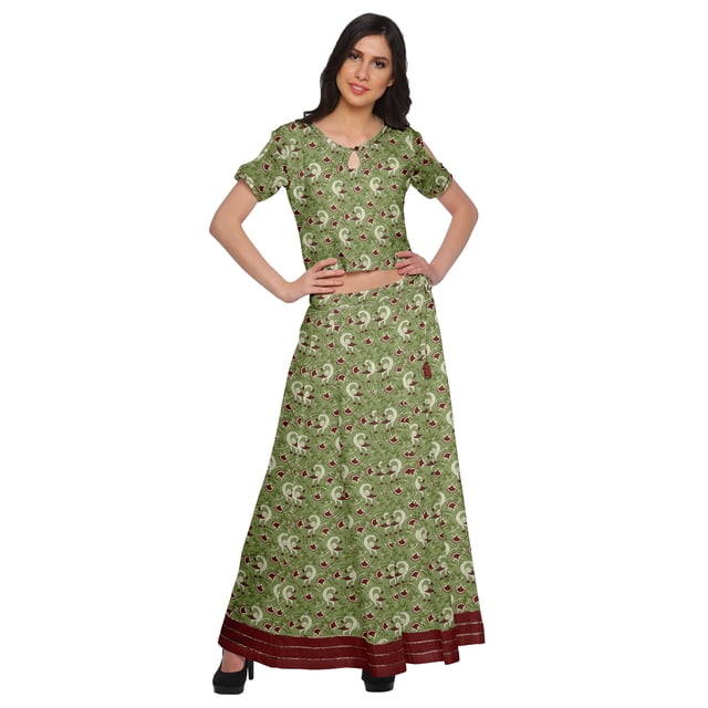 Moomaya Printed Cold Shoulder Cotton Crop Top Skirt Set Party Wear Ethnic Set