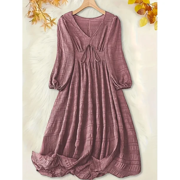 1XL-5XL Plus Size Women's Casual Dress with Textured Lantern Sleeves and V-Neck Tie Front Midi Dress for Comfort and Style