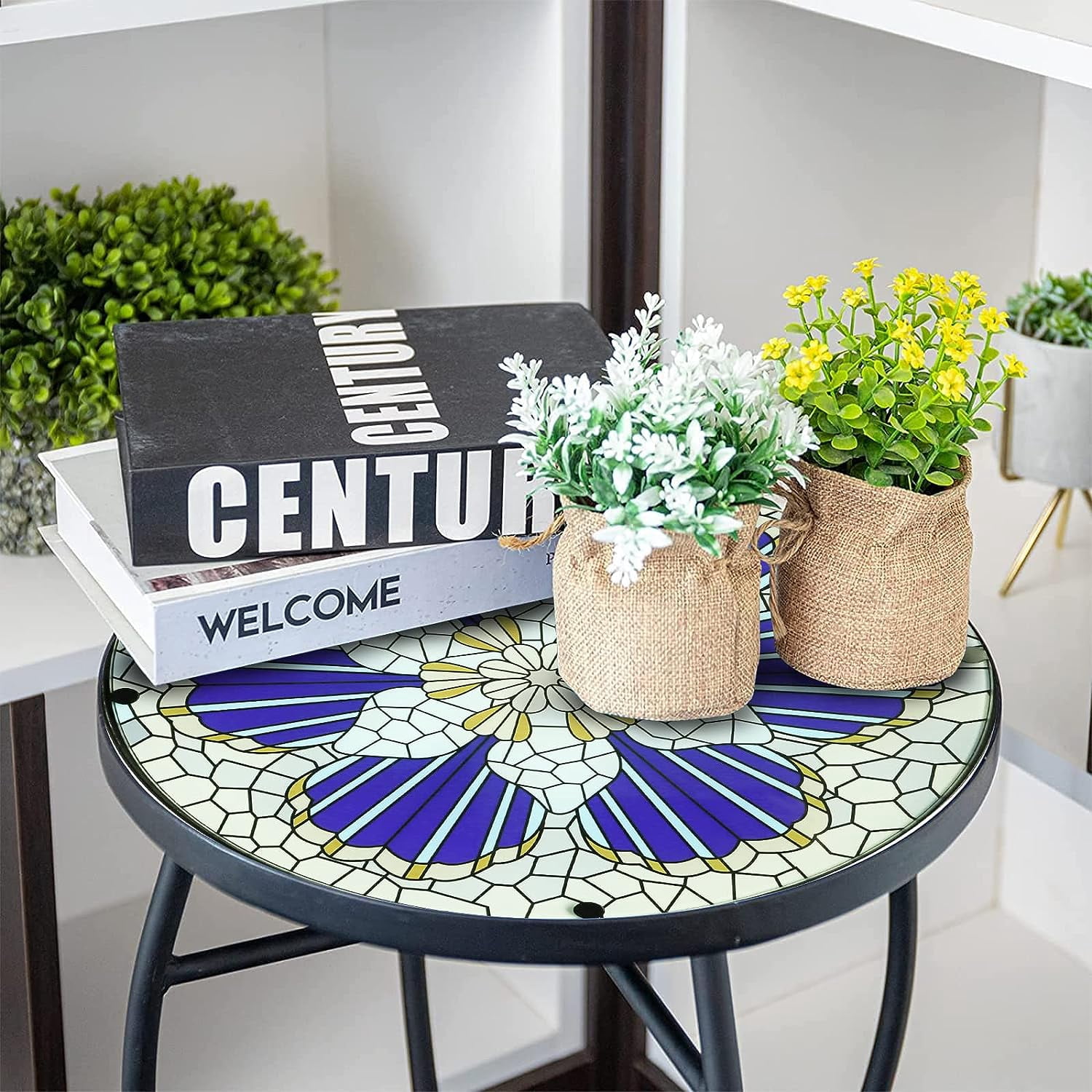 Arbuxzuy Mosaic Glass and Steel Outdoor Modern Round End Table, Blue