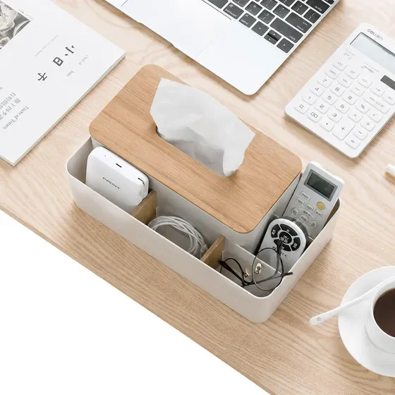 Multifunctional Rectangular Facial Tissue Holder Dispenser with Bamboo Lid, Multi Compartment Desktop Storage Caddy, Wooden White Vanity Organizer for Dining Room, Kitchen, Bedroom Dressers & Home De