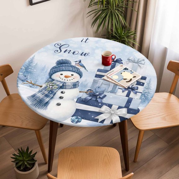 Round Fitted Tablecloth with Elastic Edge, Christmas Snowman Winter Snow Tree Fitted Table Cloth for Round Tables 45-54in, Xmas Gift Waterproof Tablecloth for Outdoor Picnic Party
