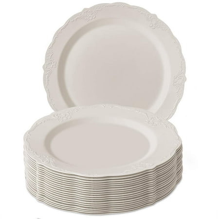 Disposable Premium Plastic Dinnerware Plate Set, Vintage - Cream, 10.25