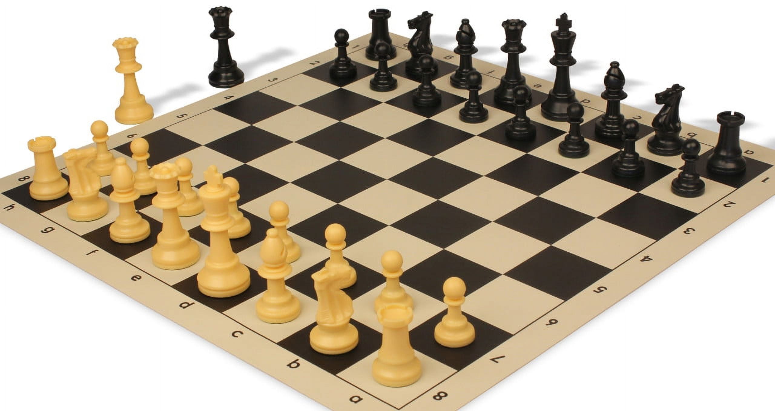 Standard Club Easy-Carry Plastic Chess Set - Black & Camel Pieces with Vinyl Rollup Board - Black