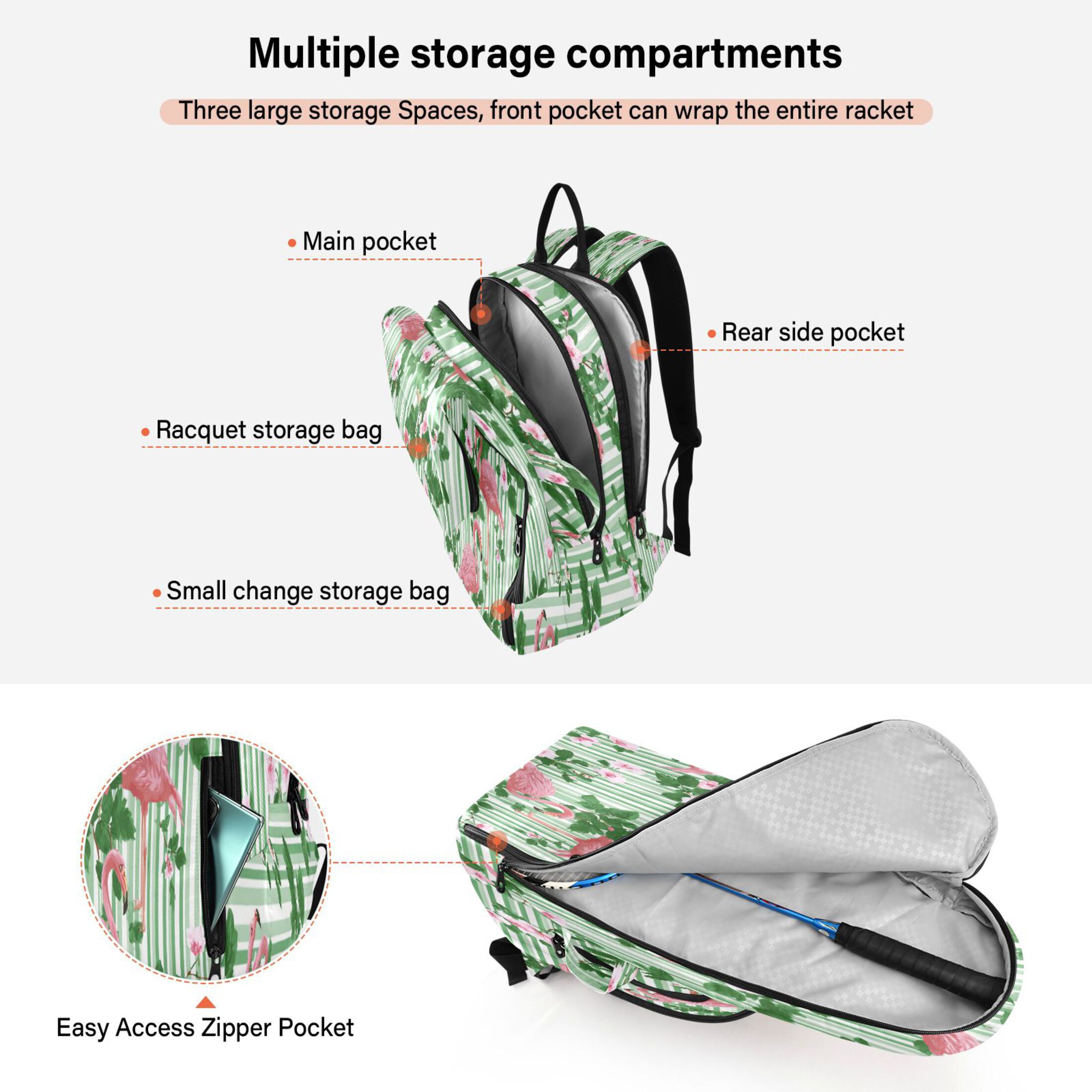 2 Racquet Holder Tennis Backpack Tennis Racket Covers Gym Bags Flamingos at Rest