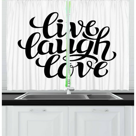 Live Laugh Love Curtains 2 Panels Set, Simplistic Inspiration Quote Minimalist Featured Typography Design, Window Drapes for Living Room Bedroom, 55W X 39L Inches, Black and White, by