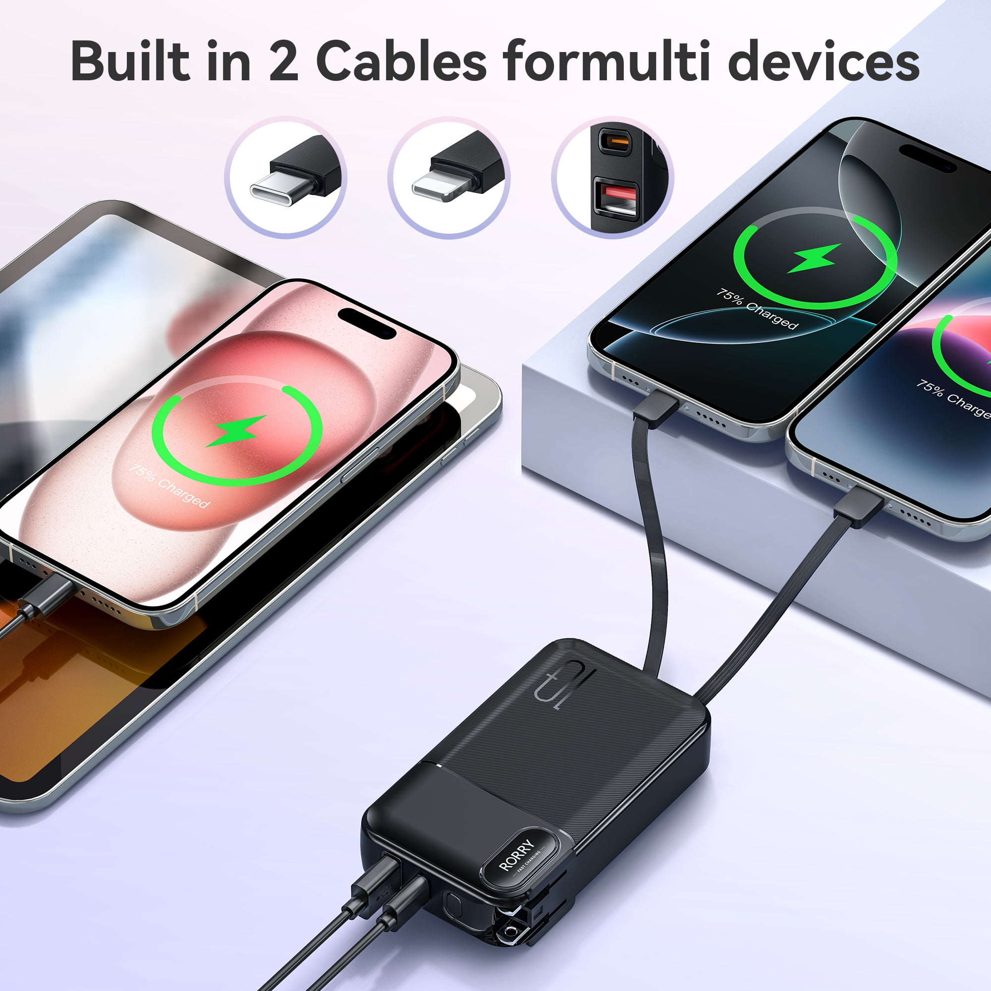 RORRY Portable Charger with Built-in Cables 10000mAh and AC Wall Plug , 22.5W Fast Charging Power Bank for iPhone 17/16/15, Samsung Galaxy , Pixel, iPad – Green