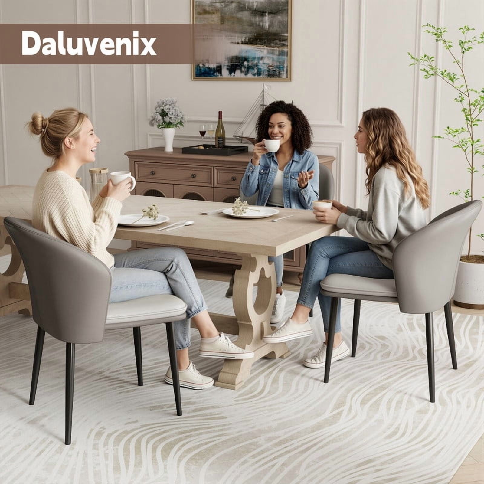 Hawsaiy Faux Leather Dining Chairs Set of 2, Modern Curved Back Upholstered Kitchen Side Chairs with Metal Legs, Gray