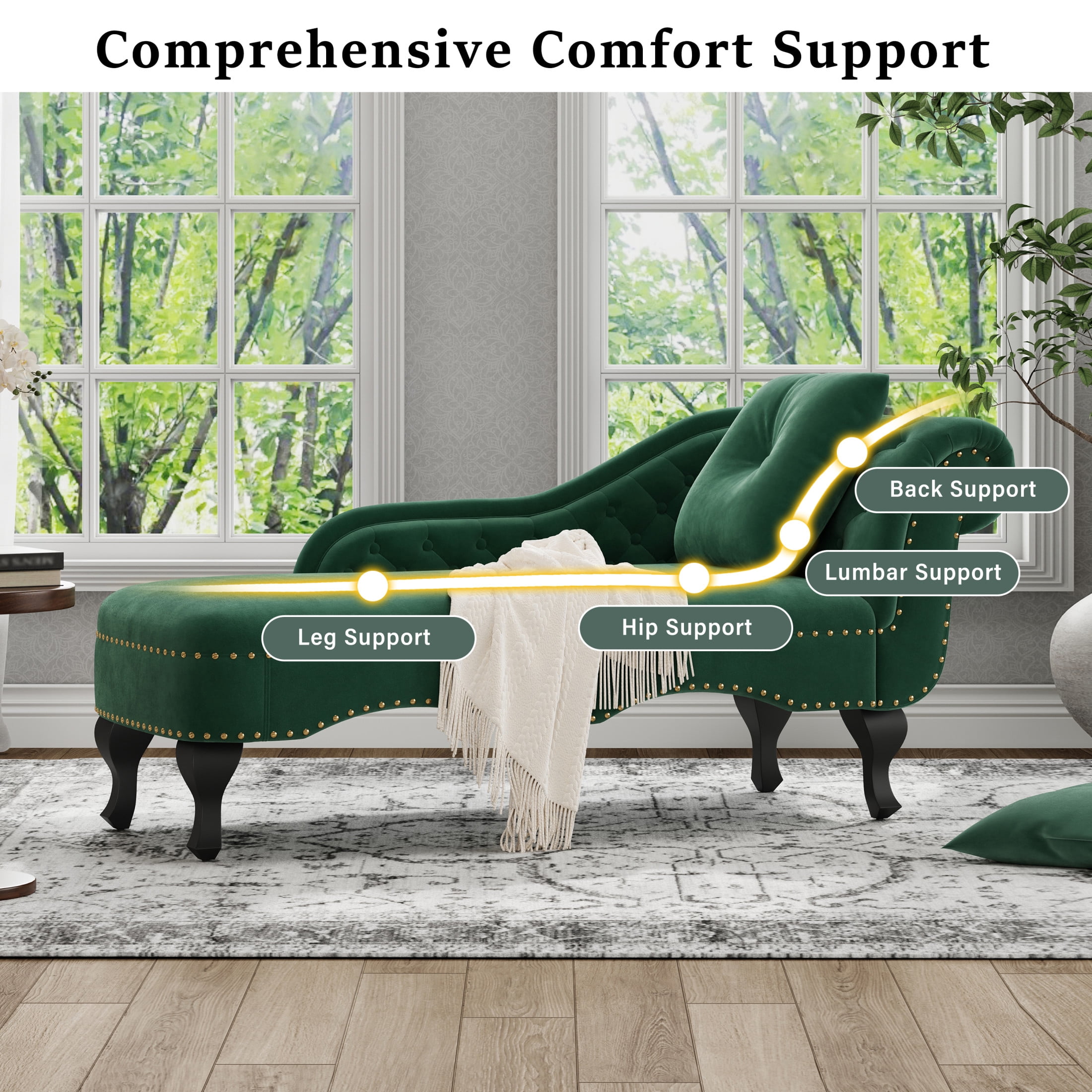 Christopher Knight Home 62" Luxury Velvet Chaise Lounge Bench with Pillow, Right Scrolled Backrest & Nailhead Trim, Green