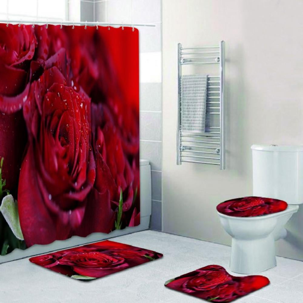 Red Rose in Black Bathroom Waterproof Fabric Shower Curtain With Hooks 71Inches 