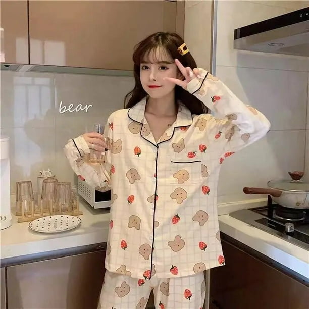 Conjunto de pijamas de 2 piezas para mujer, traje de casa de dibujos animados, cómodo, estampado a cuadros, Tops de manga larga, pantalones, ropa de estar por casa para primavera y otoño