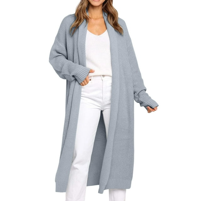 Manteau d'Automne Hiver pour Femmes Couleur Unie Mode Manteau Extérieur Col Rond Trench Chaud Cardigan Mi-Long Ample Ouvert Pardessus Manches Longues Tricoté