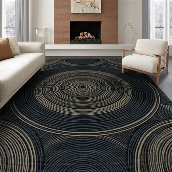 ODIKA 8'x10' Washable Area Rug Rings Vintage Spiral Motif Concentric Ring Folk Primitive Banded Refined for Living Room, Under Sectional, Family , Durable, Non-Slip