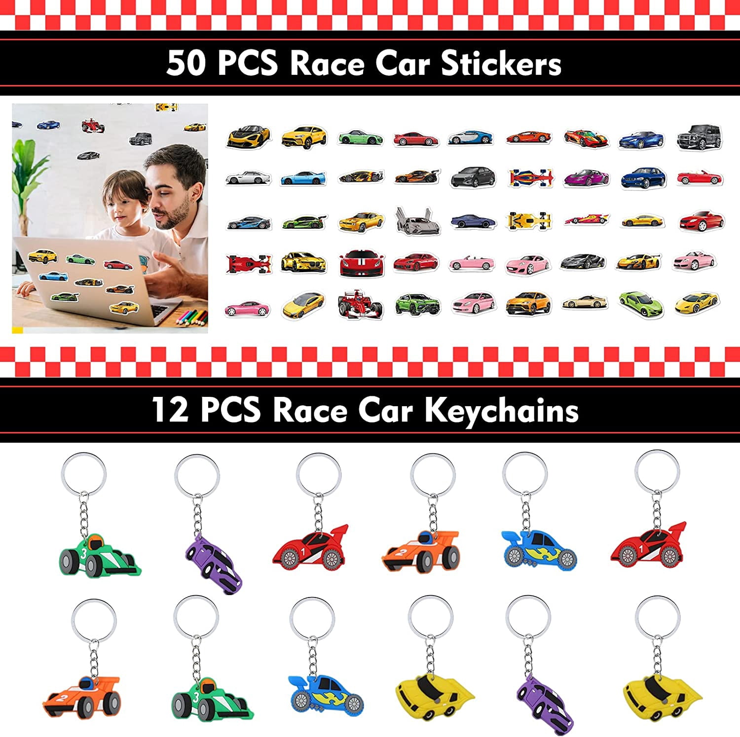 12 Pack Race Car Birthday Party Favors Set for Boys Kids Keychains Straws Slap Bracelets Mini Race Cars Sticker Racing Car Theme Birthday Party Supplies Baby Shower Treat Gift Goodie Bag Pinata Filler