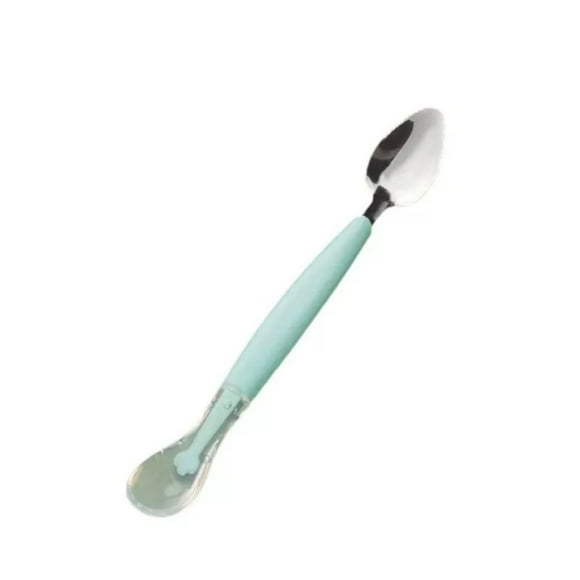 Cuchara para alimentar bebés con doble cabeza y mango largo de acero inoxidable de silicona para purés y snacks autoalimentados