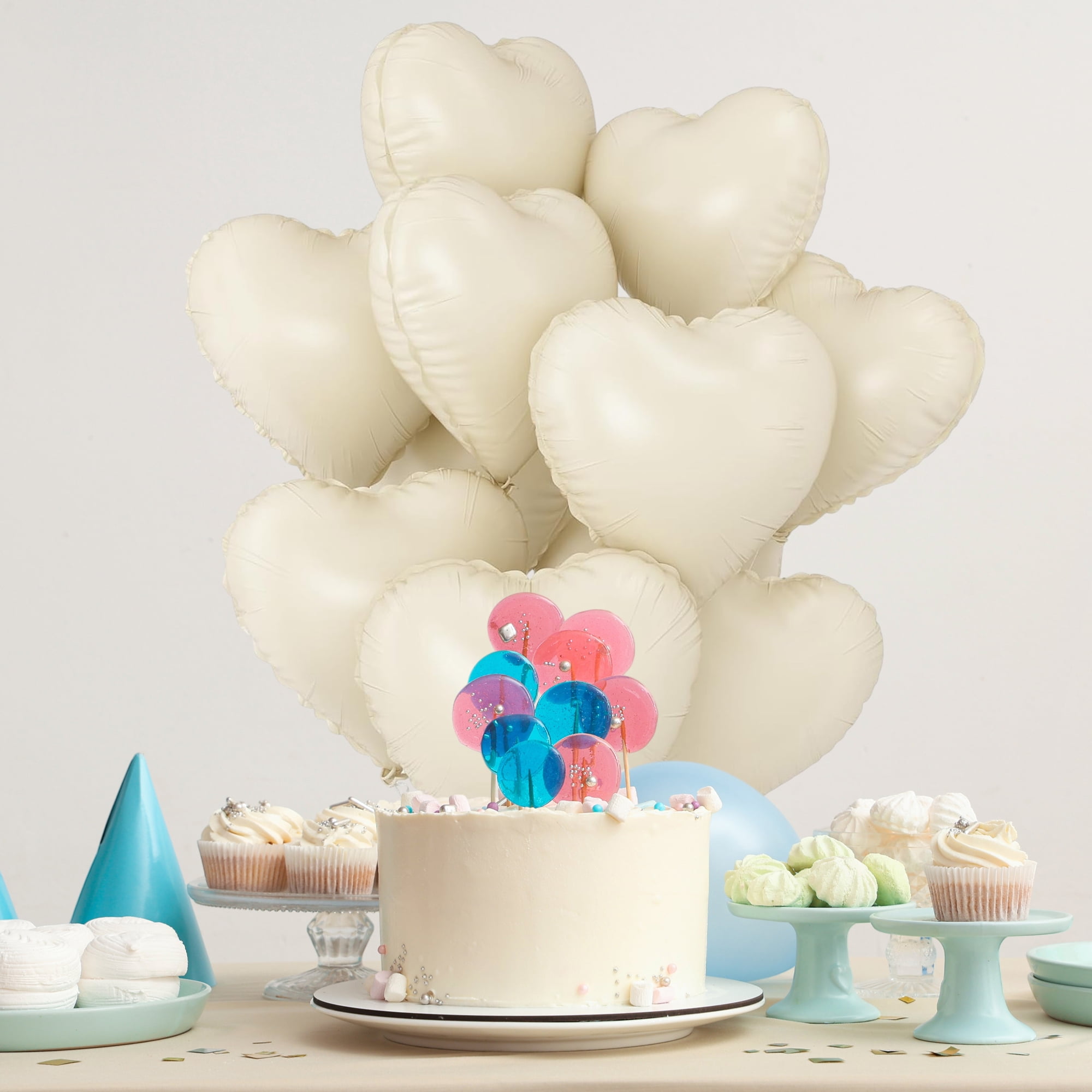 Unique Bargains 10Pcs Helium Balloons with Ribbon Heart Pattern Cream White