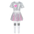 thumbnail image 3 of JanJean Kids Girls Sequins Cheerleading Uniform Outfit Jazz Hip Hop Performance Dancewear Crop Top Silver&Rose Pink 150cm, 3 of 7