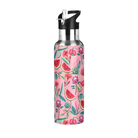 Yayeee 20oz Insulated Water Bottle Double Wall Stainless Steel with Flip Straw Lid, Pink Tropical Pattern