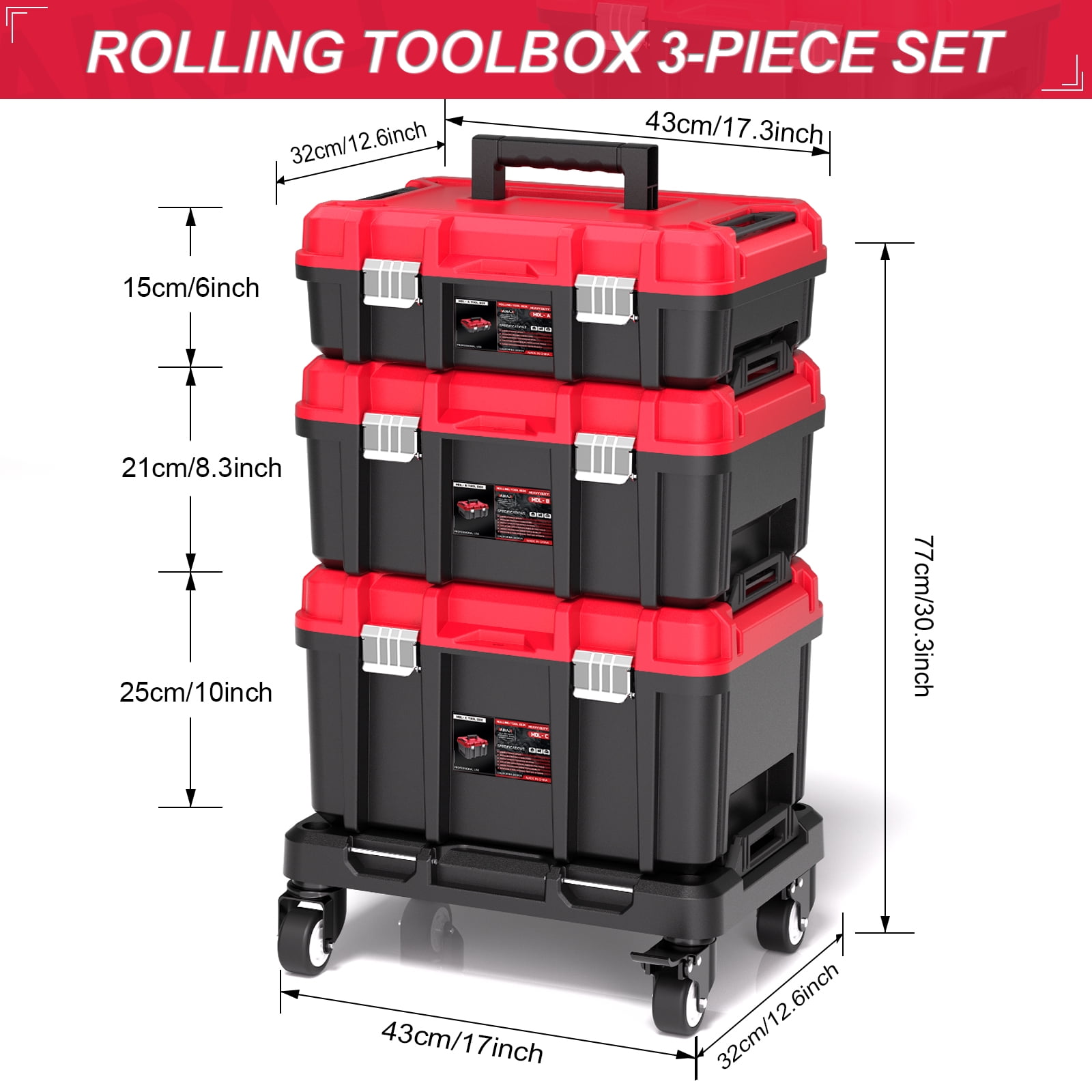 3-Tier Stackable & Connectable Rolling Tool Box with Lock | 17" Large Portable Tool Organizer System on Wheels for Garage & Professional Work