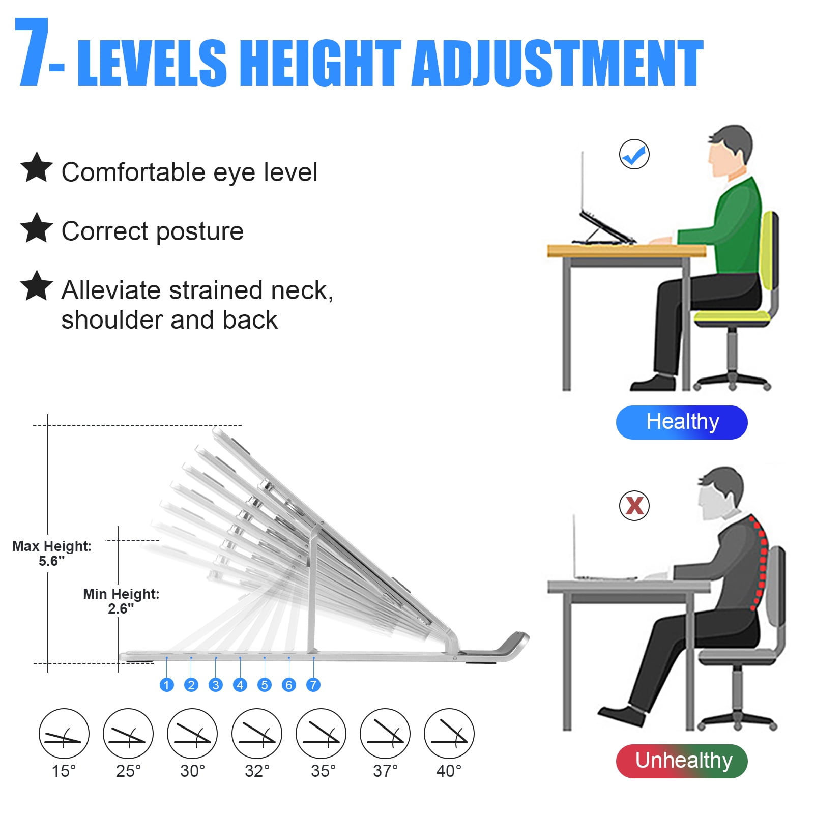FIASON 1 Pack Silver Adjustable Laptop Stand,Compatible with 9-17" Laptop,7-Levels Ventilated Aluminum Laptop Holder for Desk,Ergonomic Universal Computer Stand with aluminum, metal and Rubber