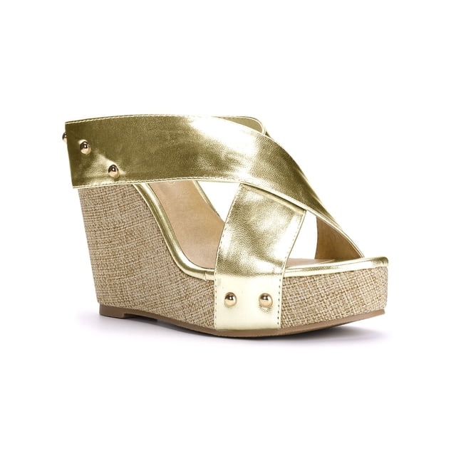 BLISSFUL STEP Sandales à Plateforme en Lin pour Femmes à Talon Compensé, Bout Ouvert, Brides Croisées, Ton Or 9