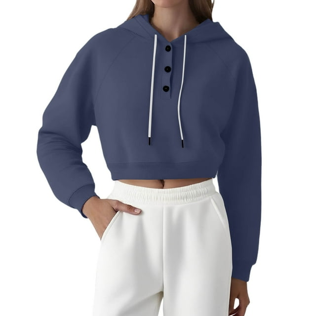 ManxiVoo Women's Cropped Button Front Hoodie Lapel Raglan Sleeve Casual Loose Fit Pullover S Size Blue