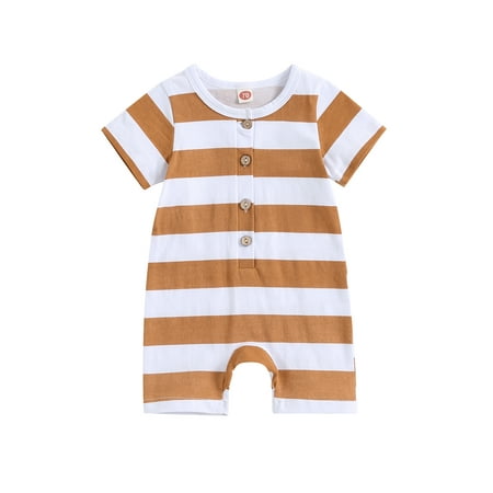 

Suanret Newborn Baby Boys Jumpsuit Short Sleeve Crew Neck Striped Romper Summer Bodysuit Clothes Brown 12-18 Months