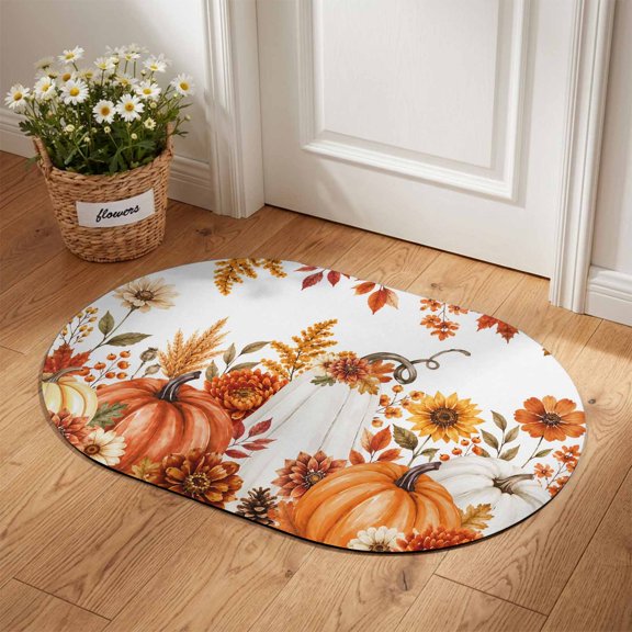 Thanksgiving White Pumpkins Diatomaceous Earth Bath Mat, Fall Orange Pumpkin Flower Leaf Oval Non-Slip Quick Dry Door Mat Super Absorbent Bath Rug for Bathroom Kitchen Laundry 16x24in